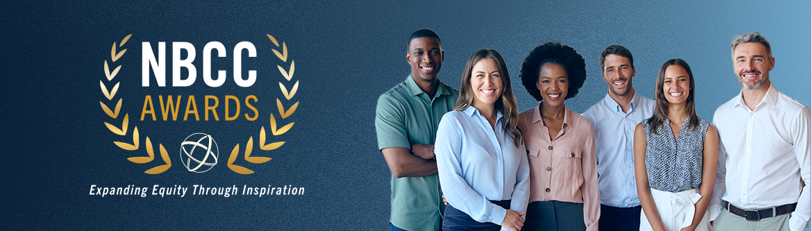 Hero image with NBCC Awards logo to the left and a group of diverse business professionals to the right.